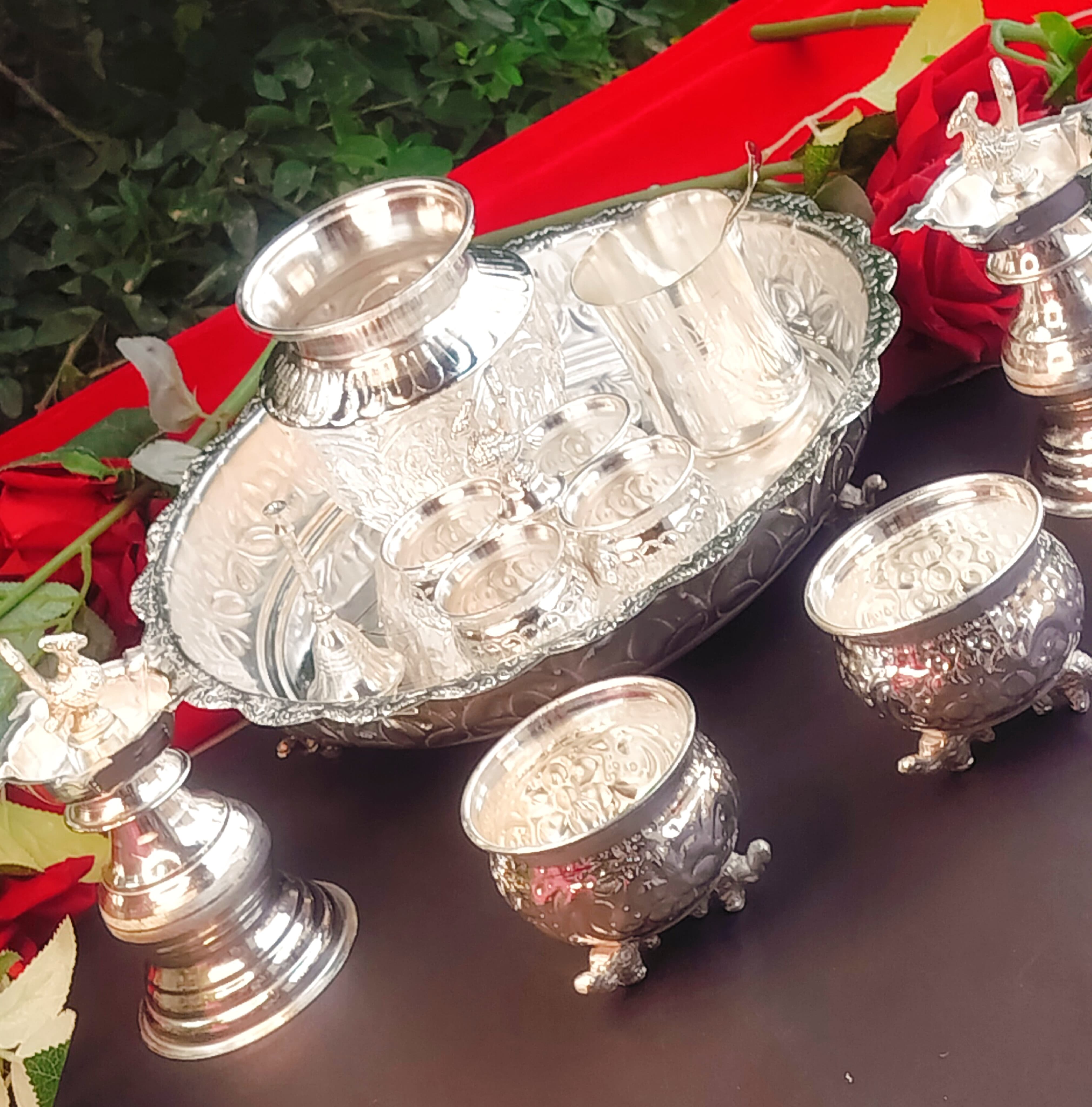 German Silver Combo Pooja thali Set of 9 Pieces Flower Tray Set
